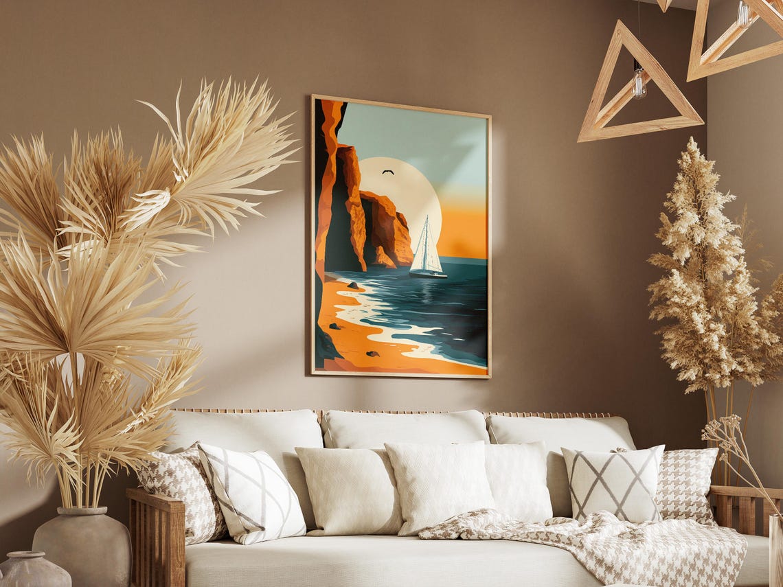 Sunset Sailboat Beside Glowing Orange Sea Cliffs Poster Scenic - Image 3