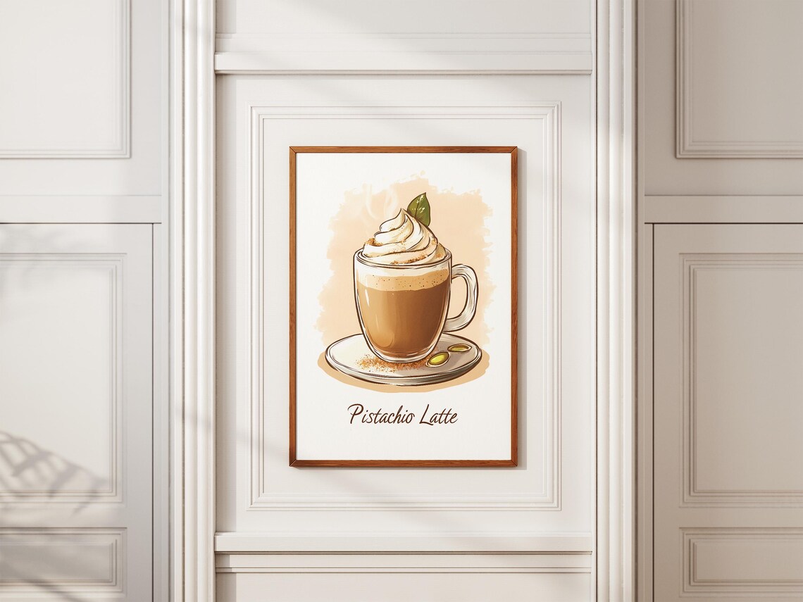 Pistachio Latte Whipped Cream Coffee Shop Cafe Illustration Poster - Image 2