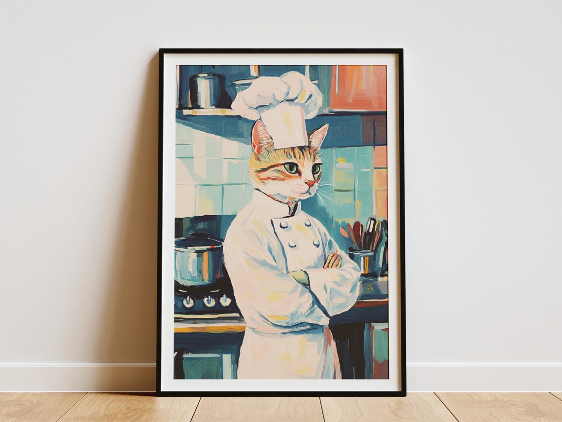 Tabby Cat Chef Standing In Kitchen Colorful Painting Sunny Poster