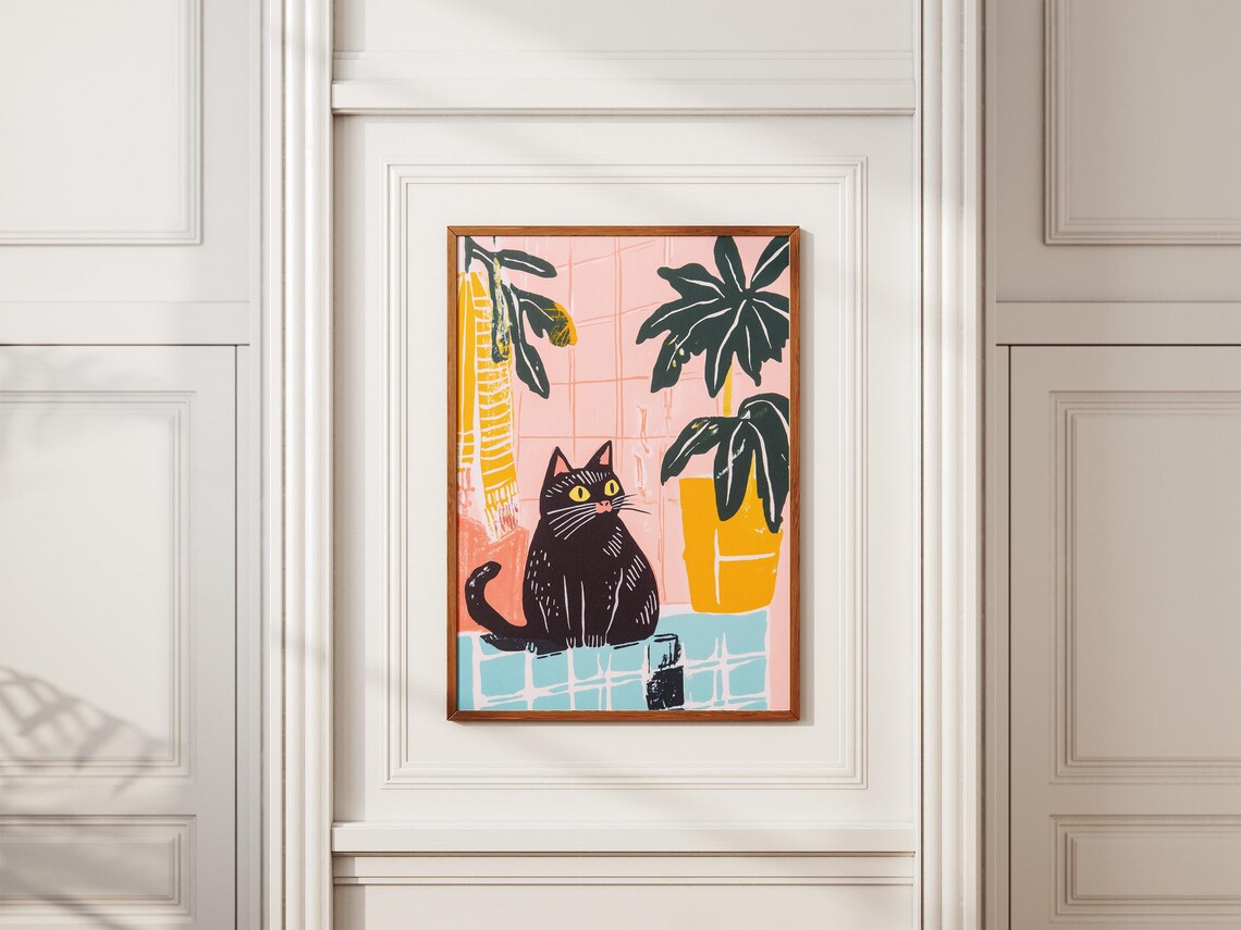 Black Cat Sitting in Colorful Bathroom Monstera Plant Poster - Image 2