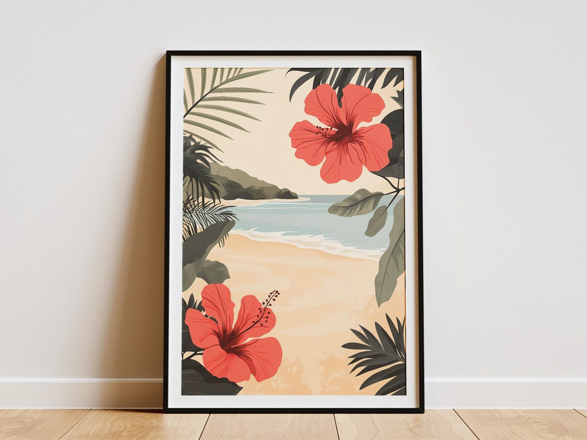 Tropical Beach Poster With Big Red Hibiscus Flowers and Ocean View