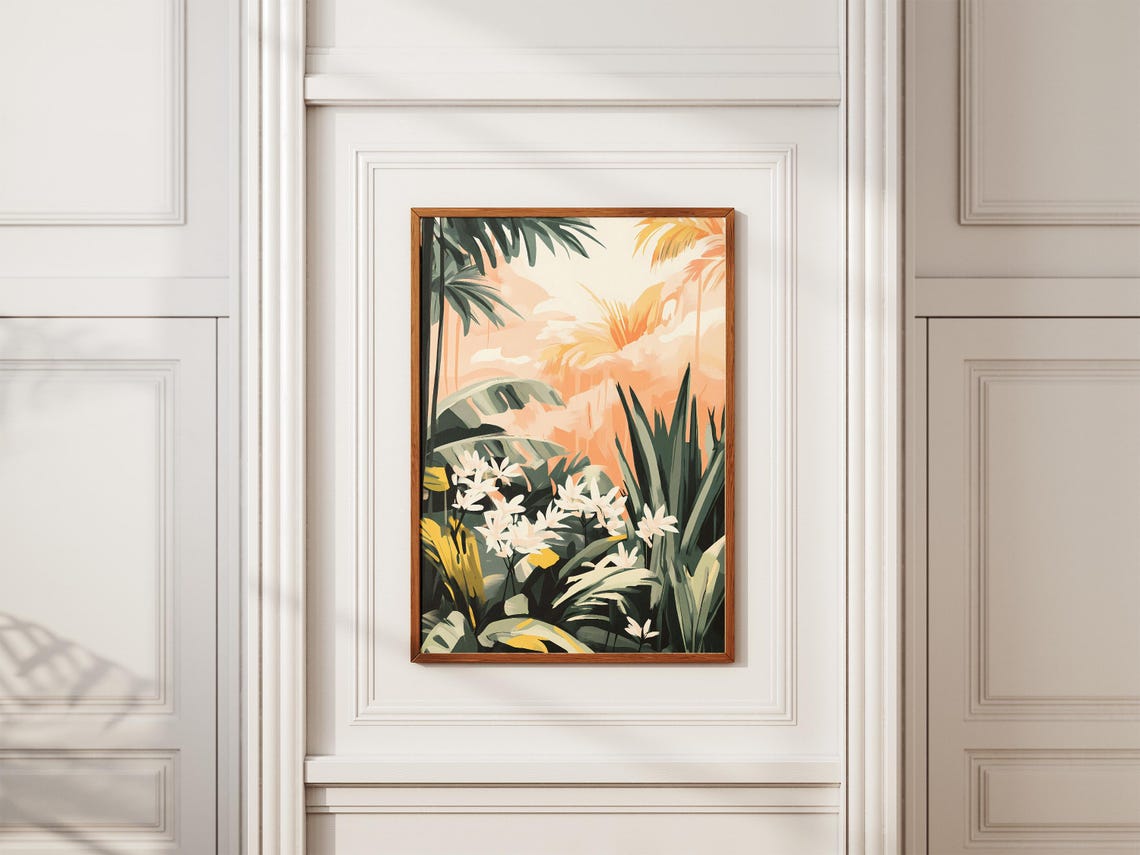 Tropical Palm Leaves And White Flowers Sunset Botanical Poster - Image 2
