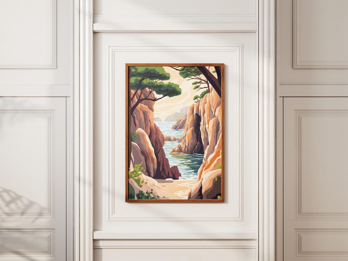 Narrow Sea Cove Between Rock Cliffs Pine Trees Illustration Poster - Image 2
