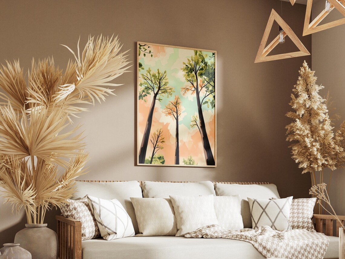 Towering Spring Trees Against Pastel Sky Minimalist Nature Poster - Image 3