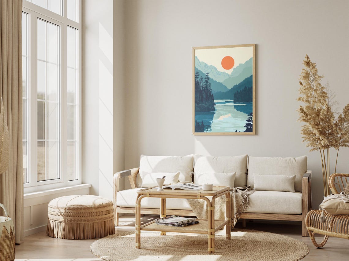 Serene Mountain Lake Reflection Minimalist Nature Landscape Poster - Image 4