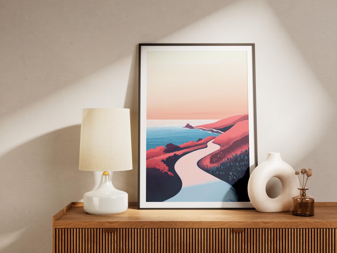 Winding Coastal Road Through Pink Sunset Hills to the Sea Poster - Image 5