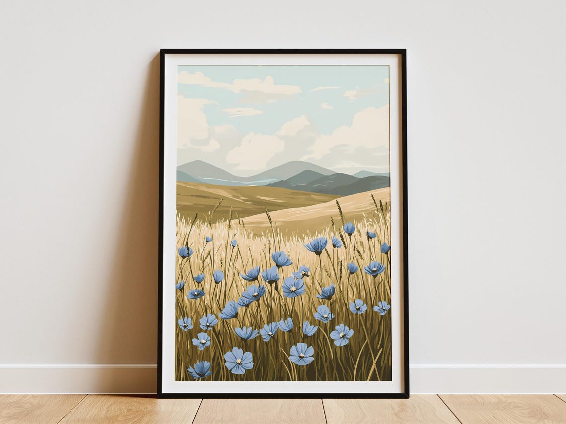 Blue Flax Flowers Wheat Grass Field Rolling Hills Meadow Poster