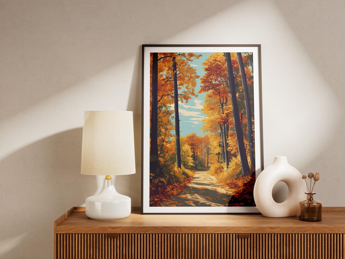 Golden Autumn Forest Path Lined With Orange Maple Trees Poster - Image 4