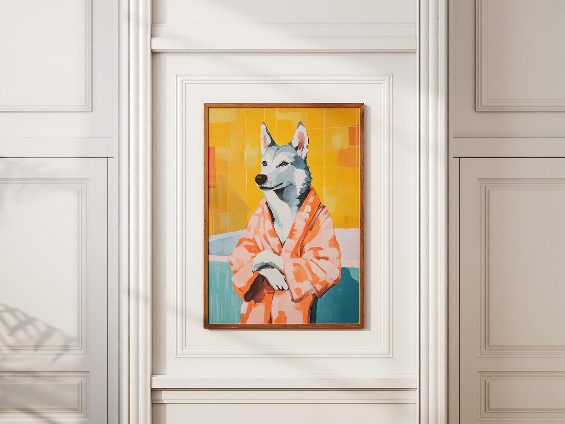 Handsome Husky In Orange Plaid Bathrobe Cozy Vintage Dog Poster - Image 2