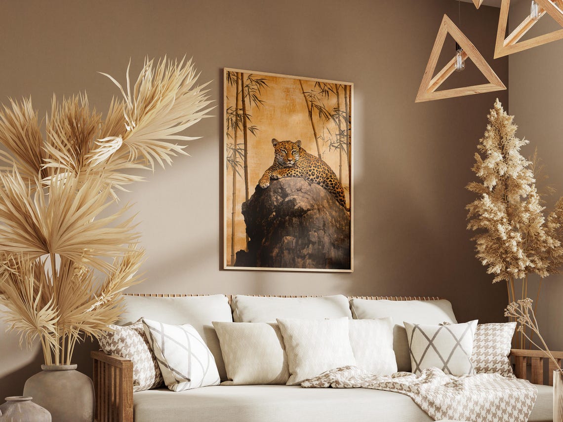 Leopard Resting on Rock in Golden Bamboo Grove Wildlife Art Poster - Image 3