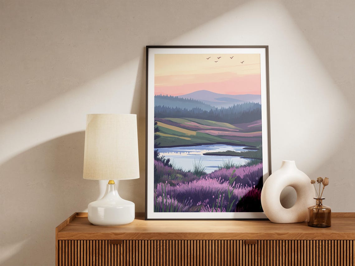 Purple Heather and Moss Hill Sunset Lakeside Scenic Art Poster - Image 5
