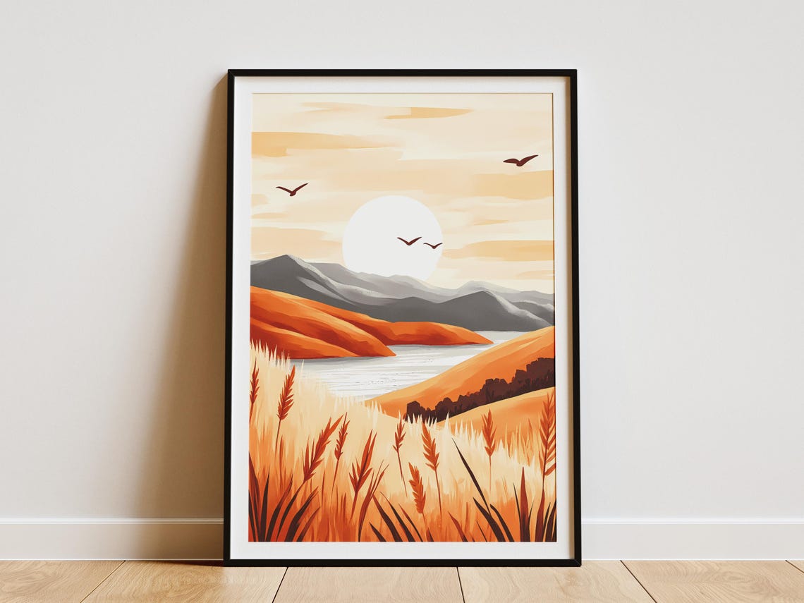 Golden Hour Sunset Over Rolling Hills And Calm Lake Scenery Wall Art