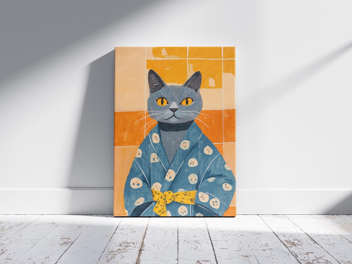 British Shorthair Cat in Blue Kimono Robe Elegant Art Poster - Image 2