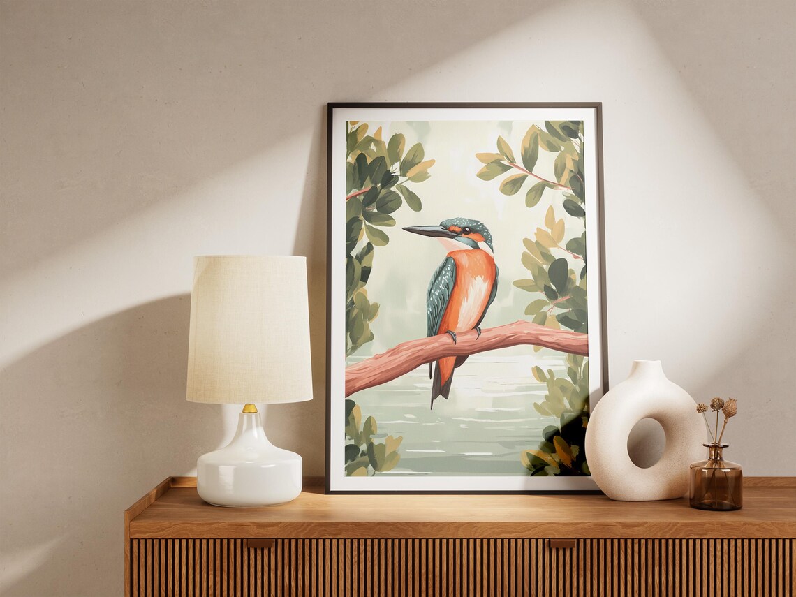 Kingfisher Perched on a Branch Over Water Coastal Bird Poster - Image 5