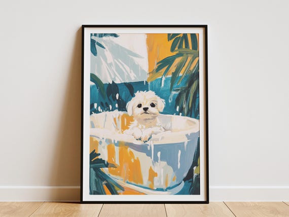 Maltese Puppy Dog Art Print Bathroom Wall Decor Cute Animal Poster Pet Lover Gift In Bathtub