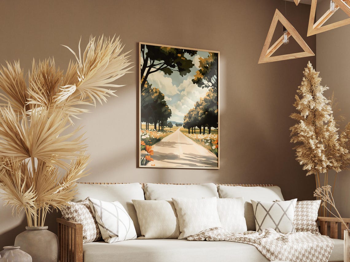 Tree Lined Country Road Through Wildflower Fields Landscape Poster - Image 3