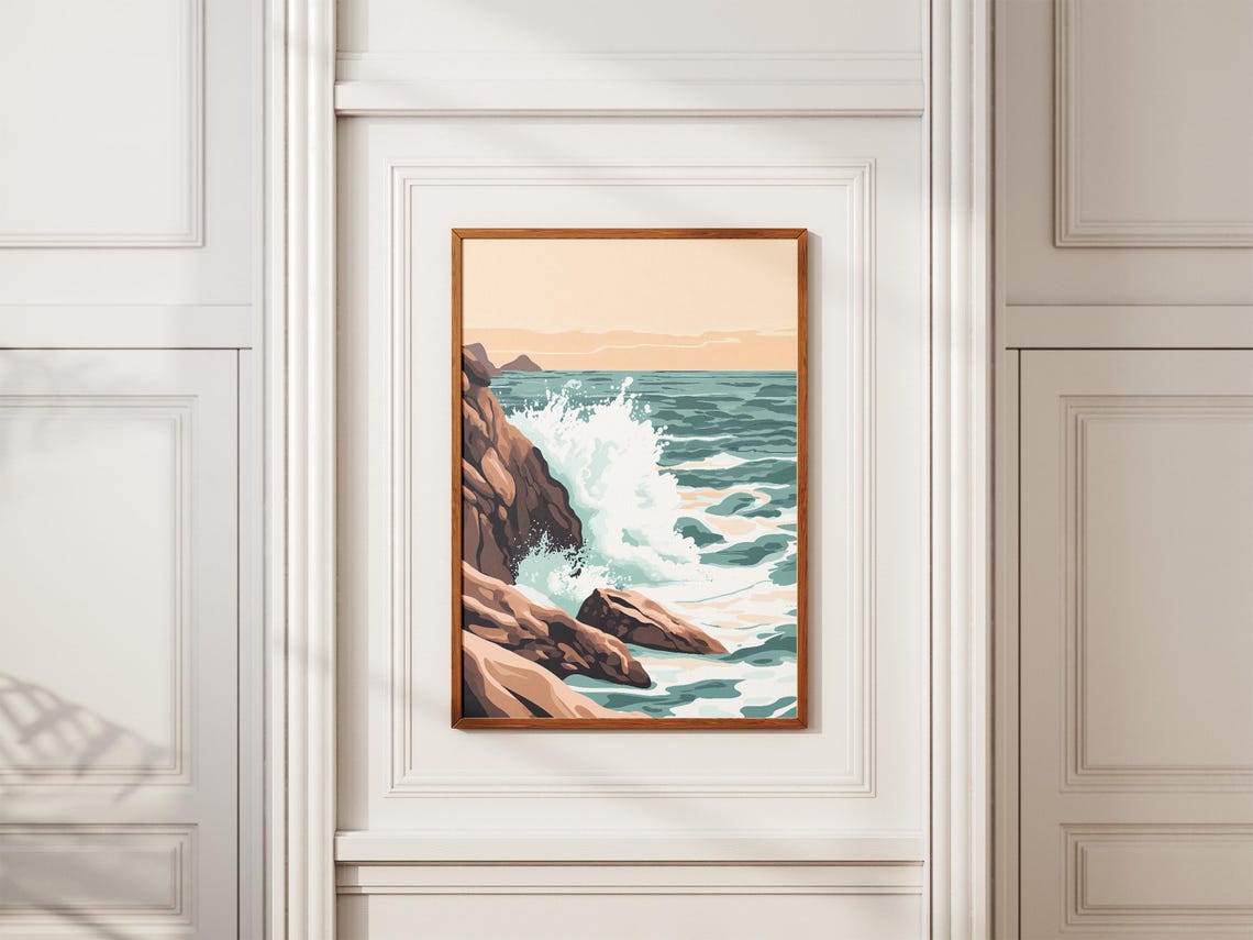 Ocean Wave Crashing on Brown Rocky Cliffs at Golden Hour Poster - Image 2