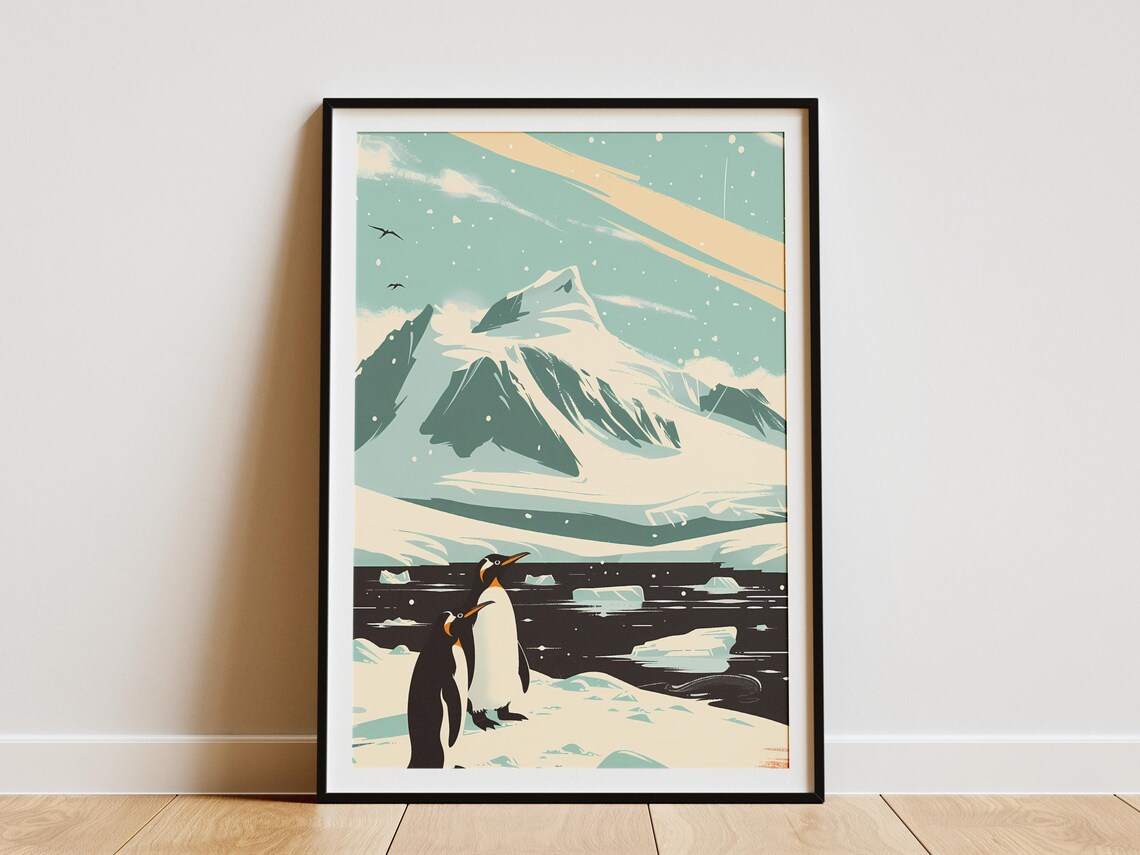 Penguins Ice Snowy Peak Vintage Illustration Antarctic Art Poster
