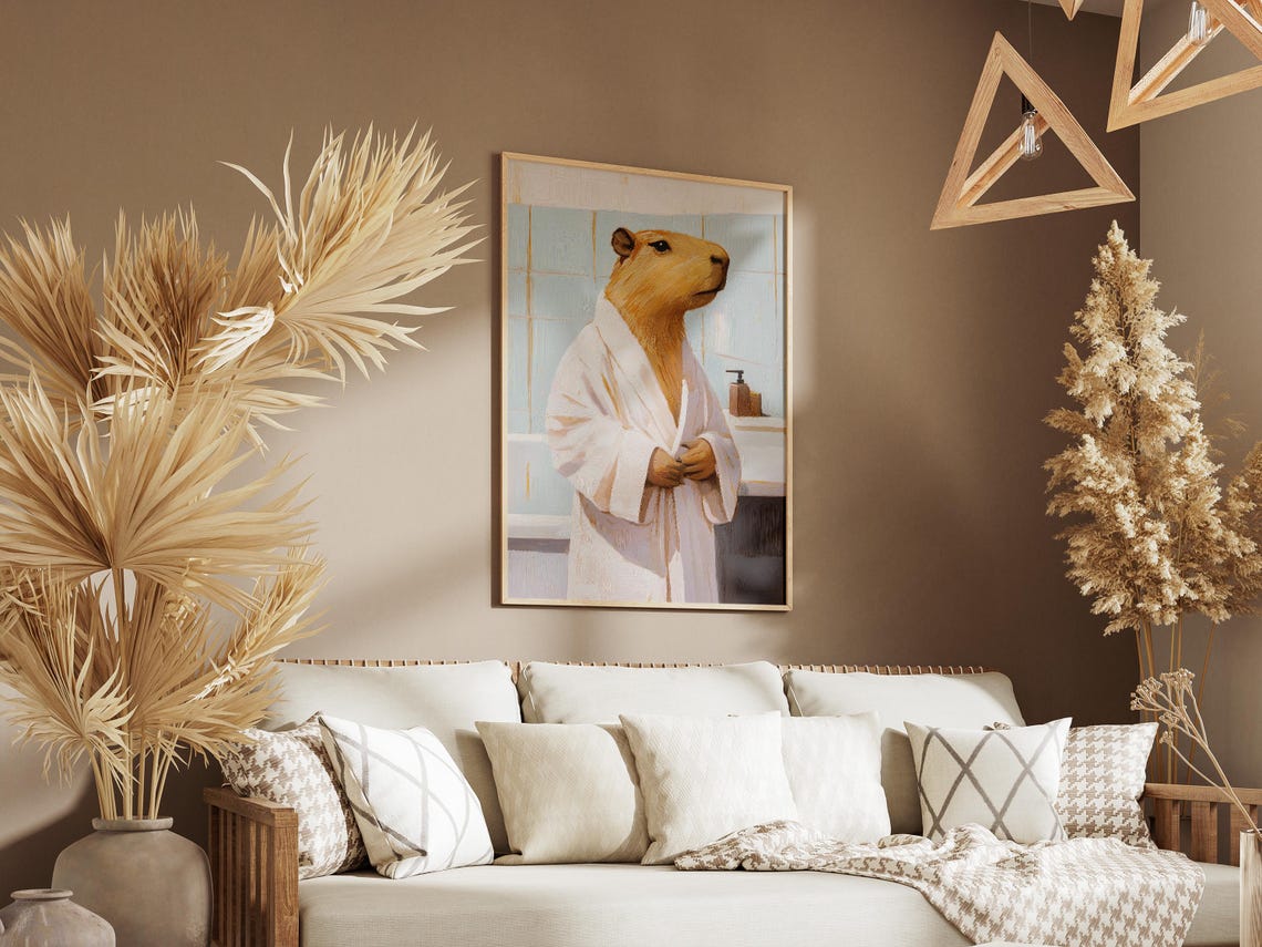 Chill Capybara Standing Tall in a White Bathrobe Bathroom Poster - Image 3