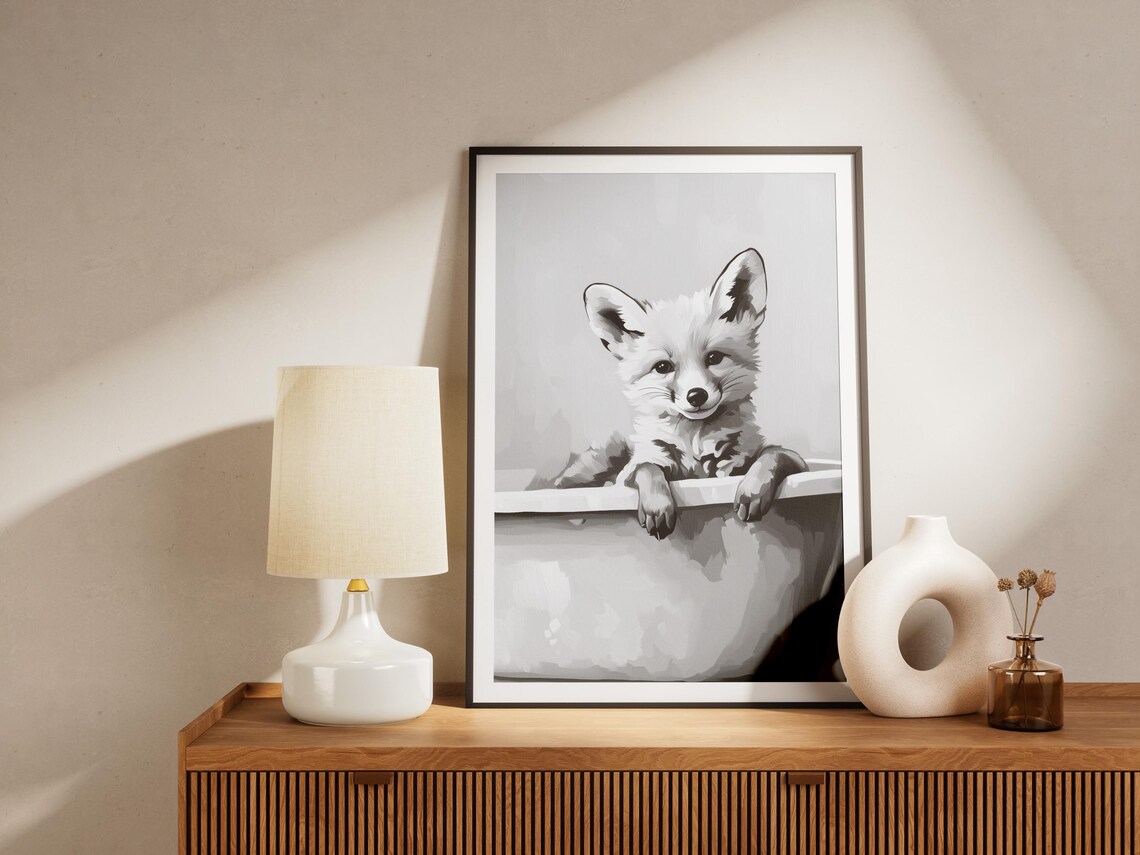 Fennec Fox Kit in Bathtub Black and White Cute Desert Animal Decor Poster - Image 4