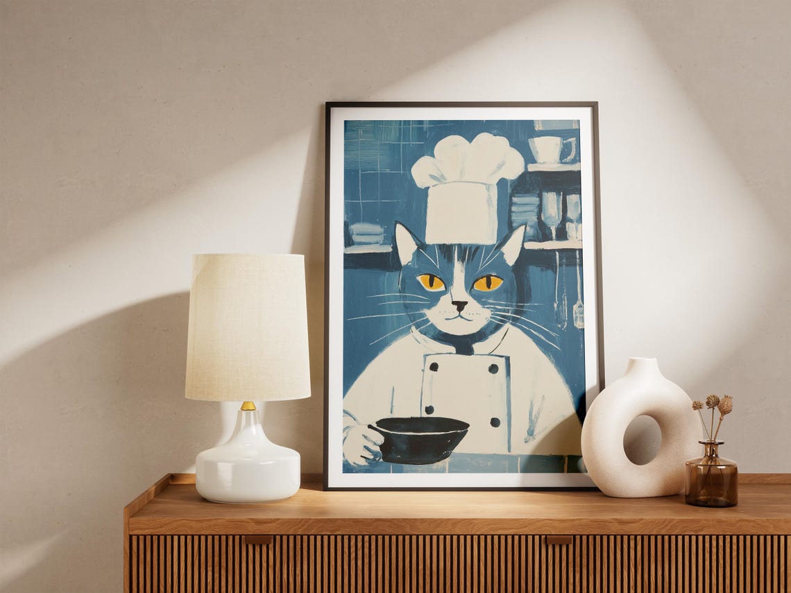 Domestic Shorthair Cat Chef Poster Kitchen Art Print Funny Lover Gift Culinary Blue Decor - Image 4