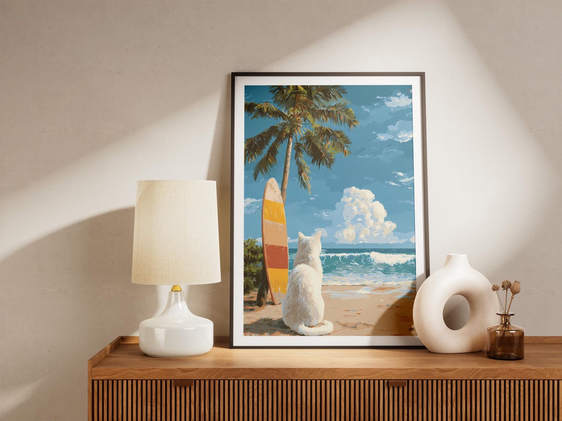Dreamy White Cat Beach Surfboard Palm Tree Ocean Gaze Poster - Image 4