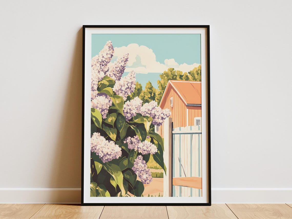 Purple Lilac Bush By Rustic Red Barn Gate Spring Floral Poster