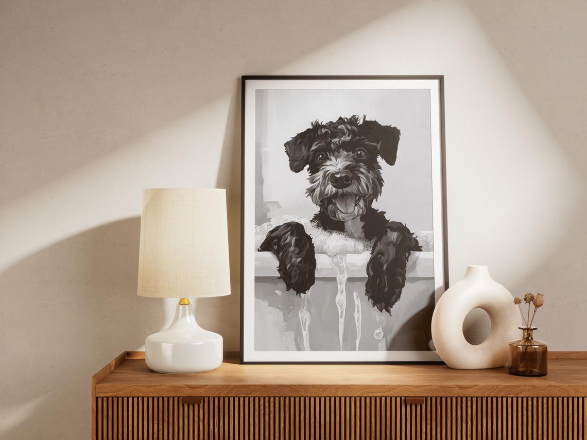Scruffy Black Terrier In A Bubble Bath Black And White Poster - Image 4