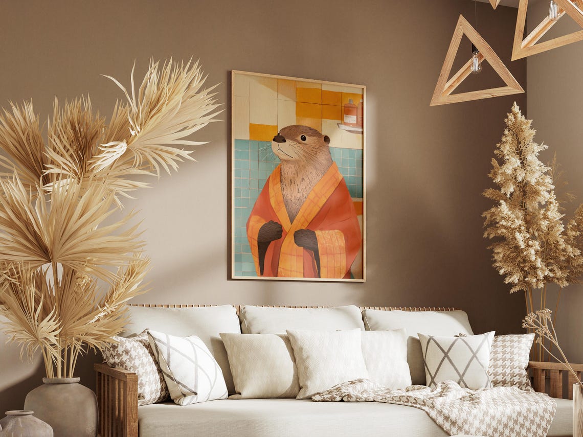 Sweet Otter In Orange Plaid Bathrobe Retro Bathroom Fun Poster - Image 3