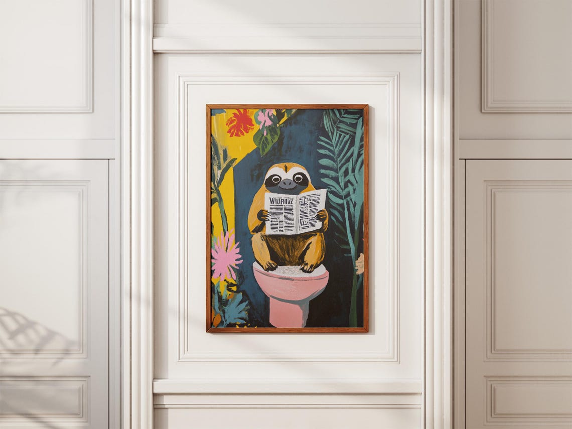 Sloth Reading Newspaper on Toilet Tropical Jungle Leaf Poster - Image 2