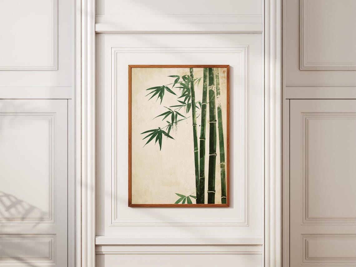 Green Bamboo Stalks Beige Minimalist Oriental Nature Art Poster - Image 2