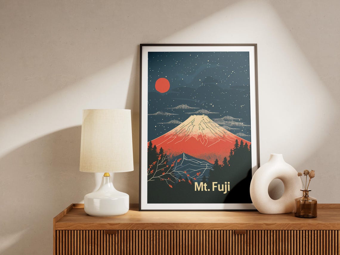 Mt Fuji Night Starry Sky Red Sun Minimalist Japan Travel Poster - Image 2