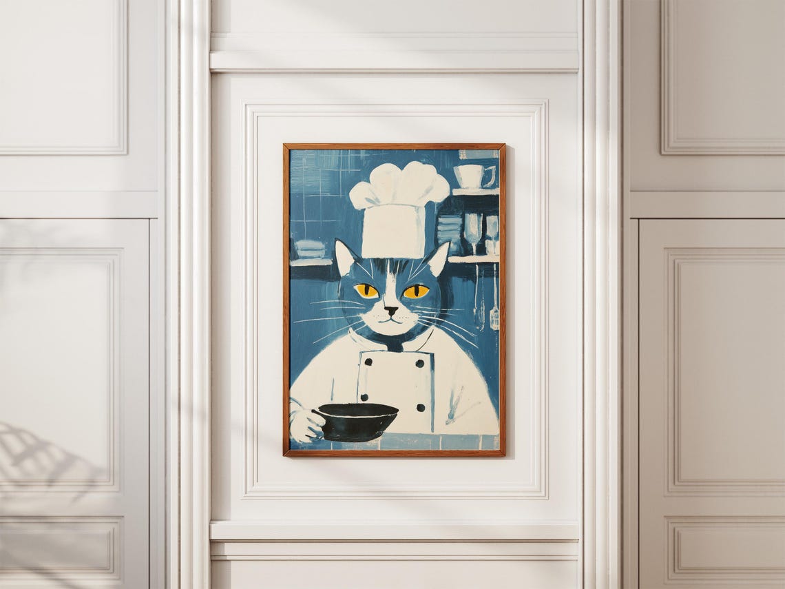 Tabby Cat Chef Painting Holding Bowl Kitchen Animal Decor Poster - Image 2