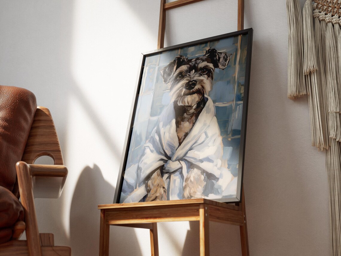 Miniature Schnauzer In White Towel Poster Cute Dog Bathroom Home Art - Image 3