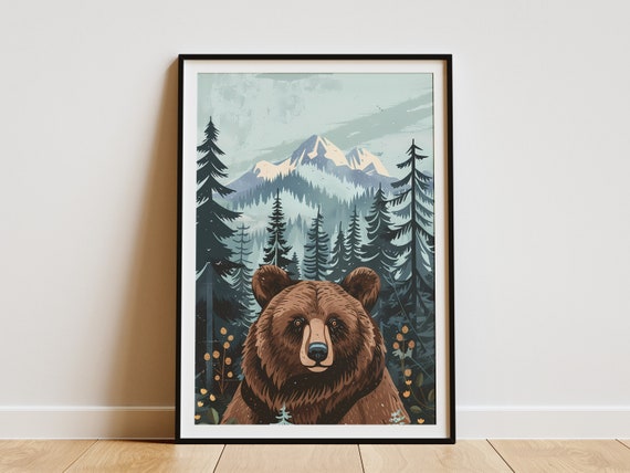 Forest Bear Poster Vintage Travel Poster Abstract Midcentury Modern Forest Nature Art Tree Poster Print