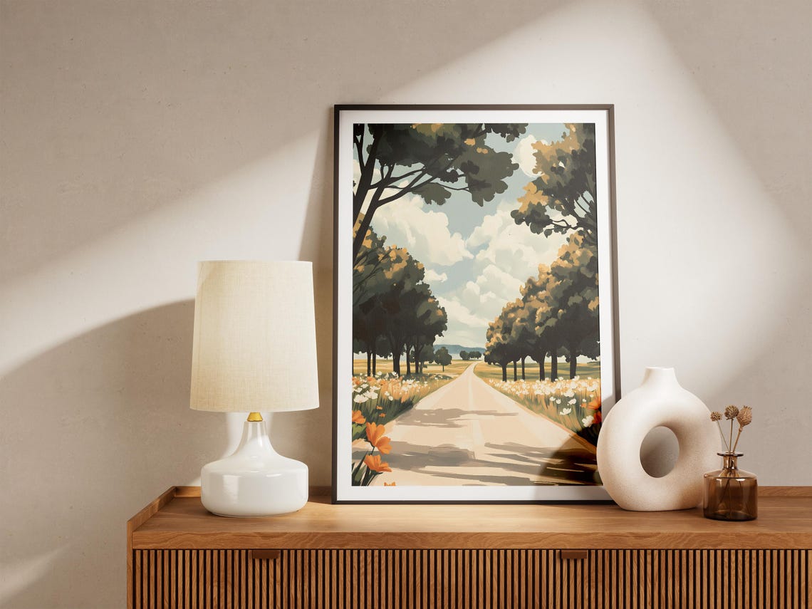 Tree Lined Country Road Through Wildflower Fields Landscape Poster - Image 5