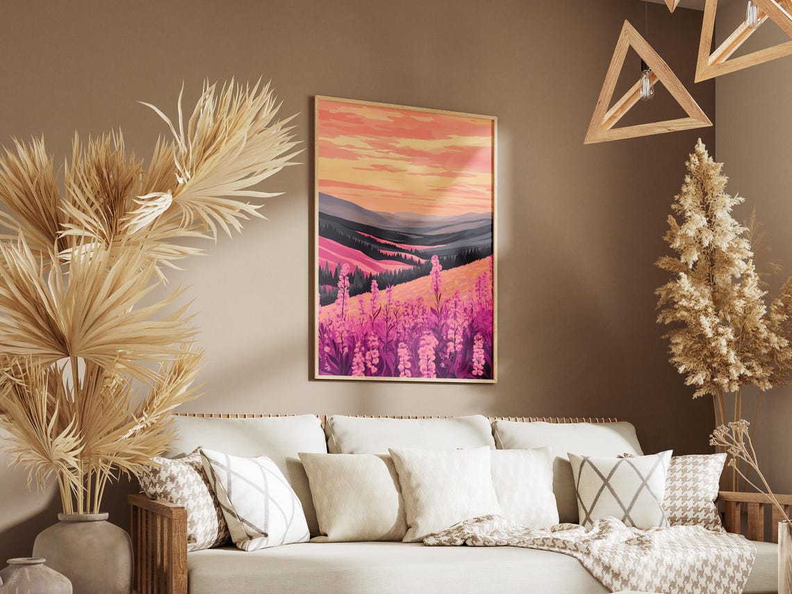 Pink Fireweed Valley Sunset Landscape Poster with Mountain View - Image 3