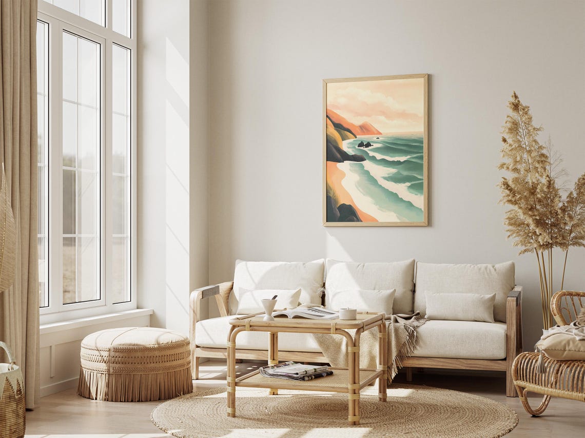 Teal Coastal Waves Rolling Onto a Sandy Beach Beneath Cliffs Poster - Image 4