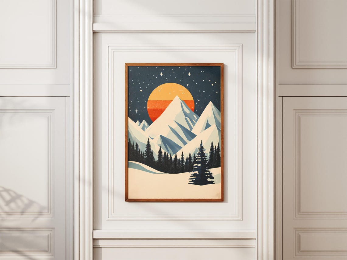Snowy Geometric Peaks Under a Striped Orange Sun and Starry Sky Poster - Image 2