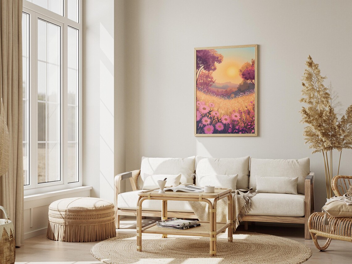 Pink Cosmos Flower Meadow at Golden Sunset Poster With Field Trees - Image 4