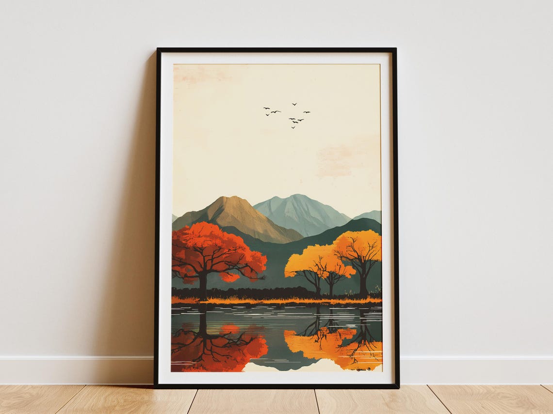 Autumn Trees Red Orange Reflection Still Lake Mountain Poster