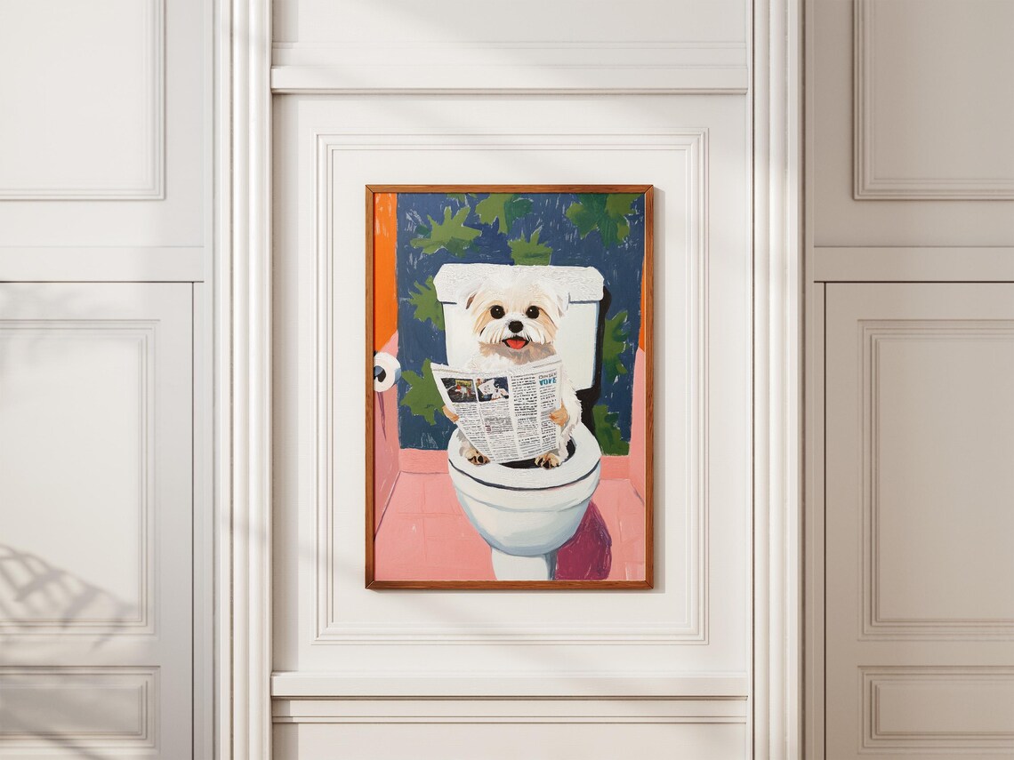 Maltese Dog on Toilet Reading Newspaper Funny Bathroom Dog Poster - Image 2