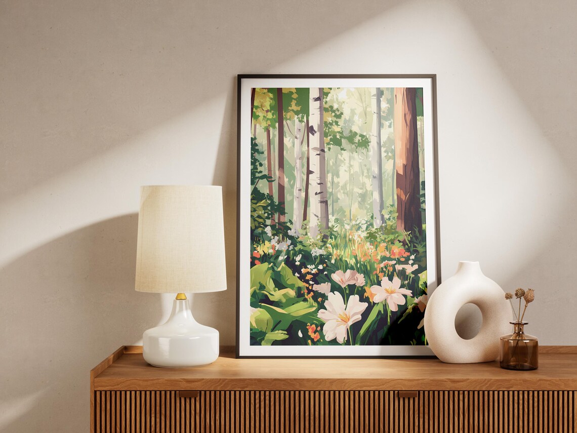 Sunlit Forest Clearing Wildflowers Birch Trees Botanical Nature Art Poster - Image 4