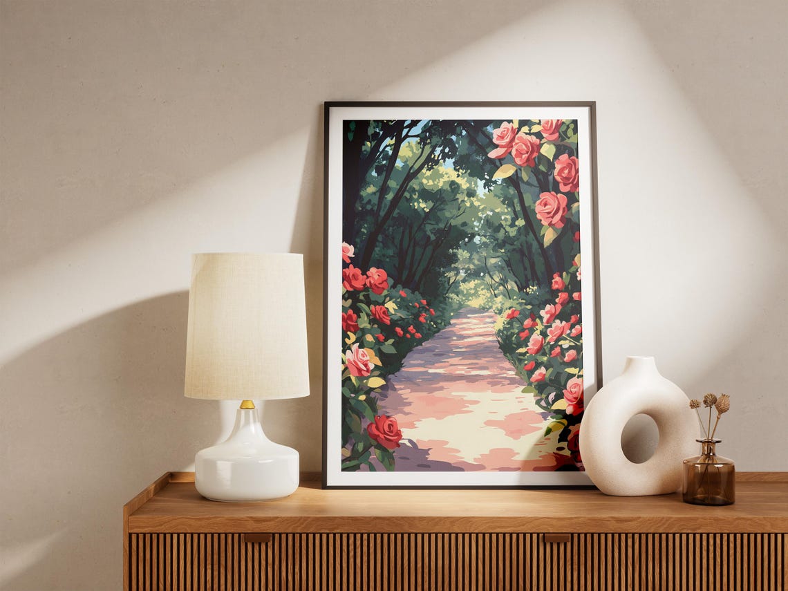 Red Rose Covered Garden Path Shady Summer Walkway Wall Poster - Image 5