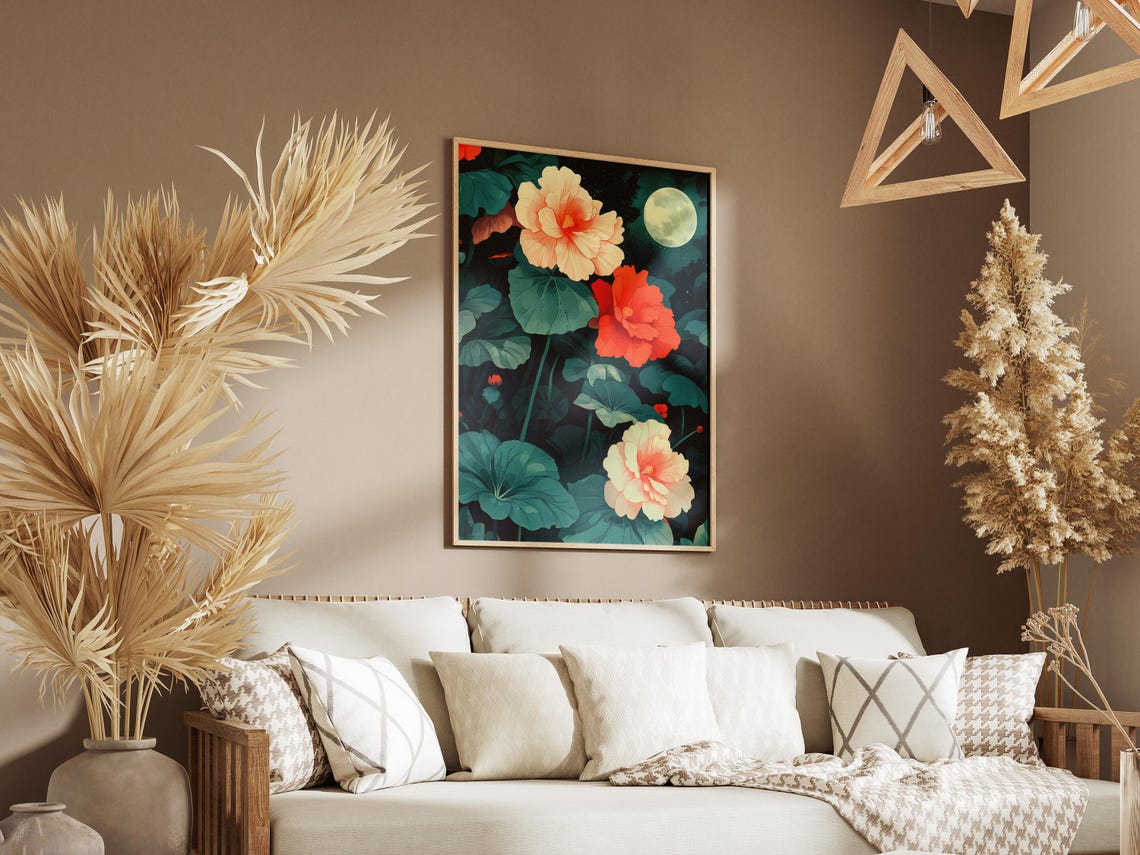 Peach Red Begonia Blooms Under a Full Moon Night Garden Poster - Image 3