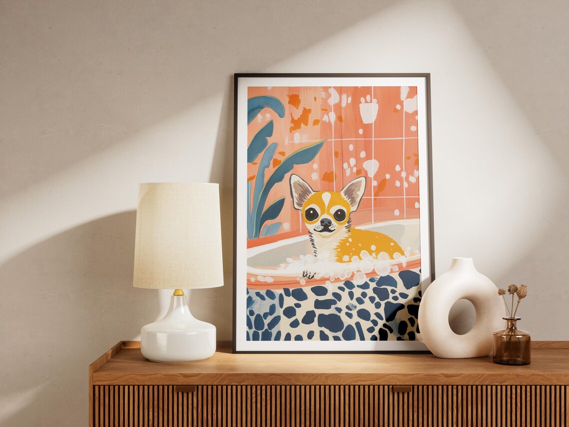 Chihuahua Puppy Bubble Bath Tropical Coral Bathroom Art Poster - Image 4