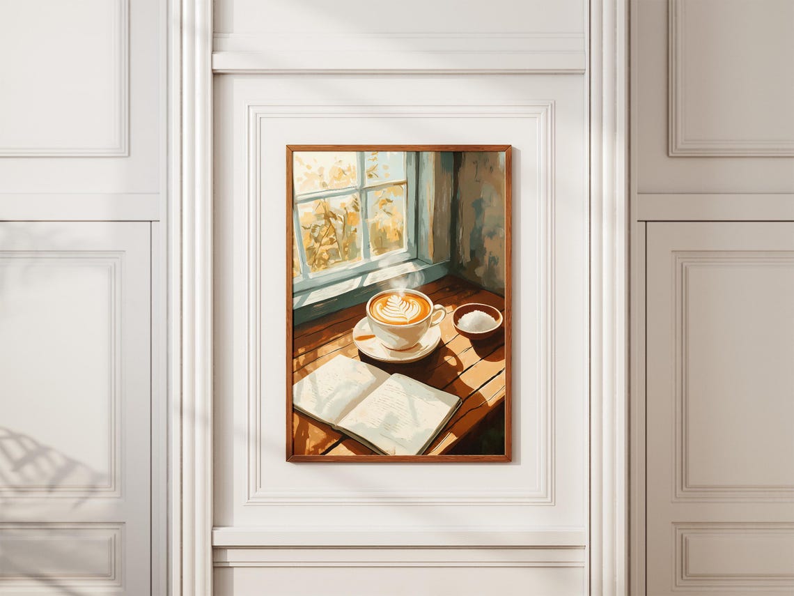Window Seat Latte Art Leaf Cup Open Book Cozy Reading Poster - Image 2