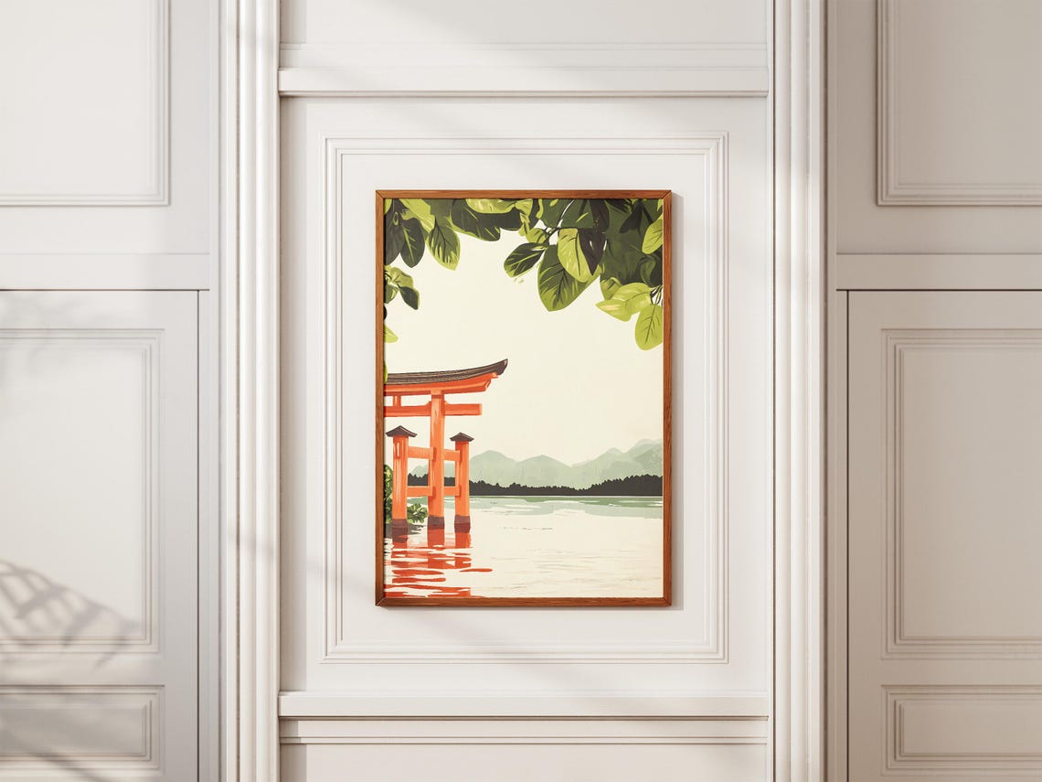 Japanese Red Torii Gate Lake Poster Print Asian Art Zen Garden Decor Japanese Landscape Travel Poster Minimalist Art Modern Japanese Art - Image 2
