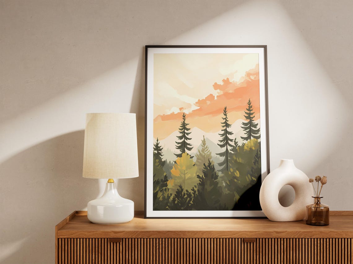 Golden Hour Pine Forest Sunset Orange Sky Minimalist Landscape Poster - Image 5