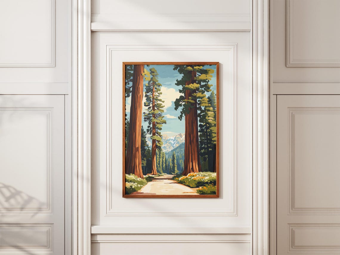 Sequoia Giant Redwood Trees Along Sunlit Forest Path Art Poster - Image 2